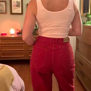 Lee Red High-Waisted Straight Leg Western Jeans.